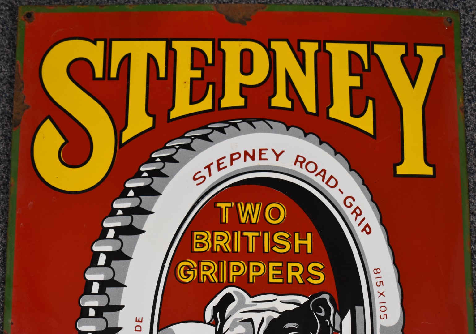 Stepney Tyres enamel car or motorcycle advertising sign depicting a bulldog astride a tyre to the - Image 3 of 4