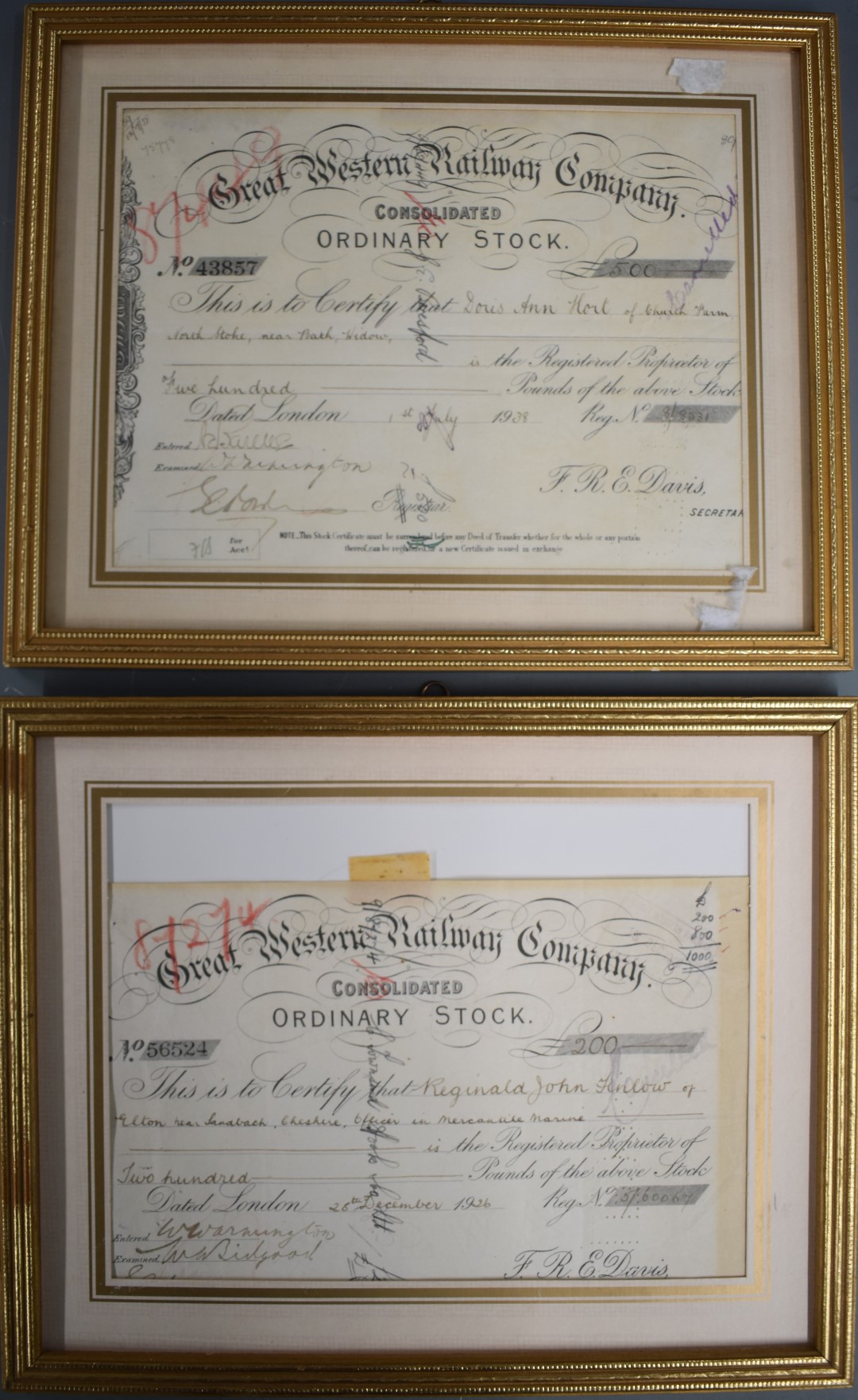 Two Great Western Railway Company GWR share certificates, one 1926 for £200, the other 1938 for £