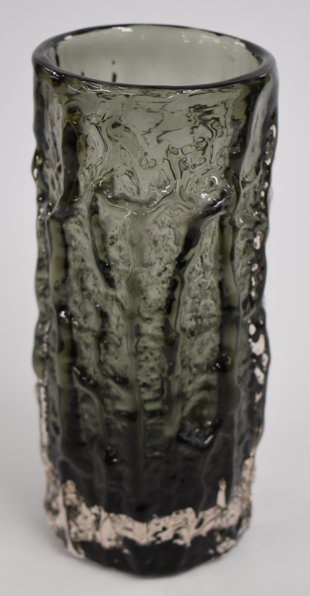Geoffrey Baxter for Whitefriars textured bark sleeve vase in smoke grey, 23cm tall.