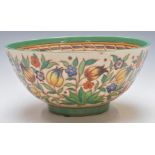 Bursley Ware Charlotte Rhead large bowl with tube line decoration of flowers, geometric design to