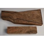 A matching set of figured walnut stock and forend blanks, stock 45cm long, forend 29.5cm long.