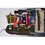 Collection of militaria including link ammunition, WW2 style water bottle, canvas pistol holster,