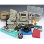 Simms fly fishing waistcoat, fly tying vice and accessories, five boxes of flies including wet, dry,