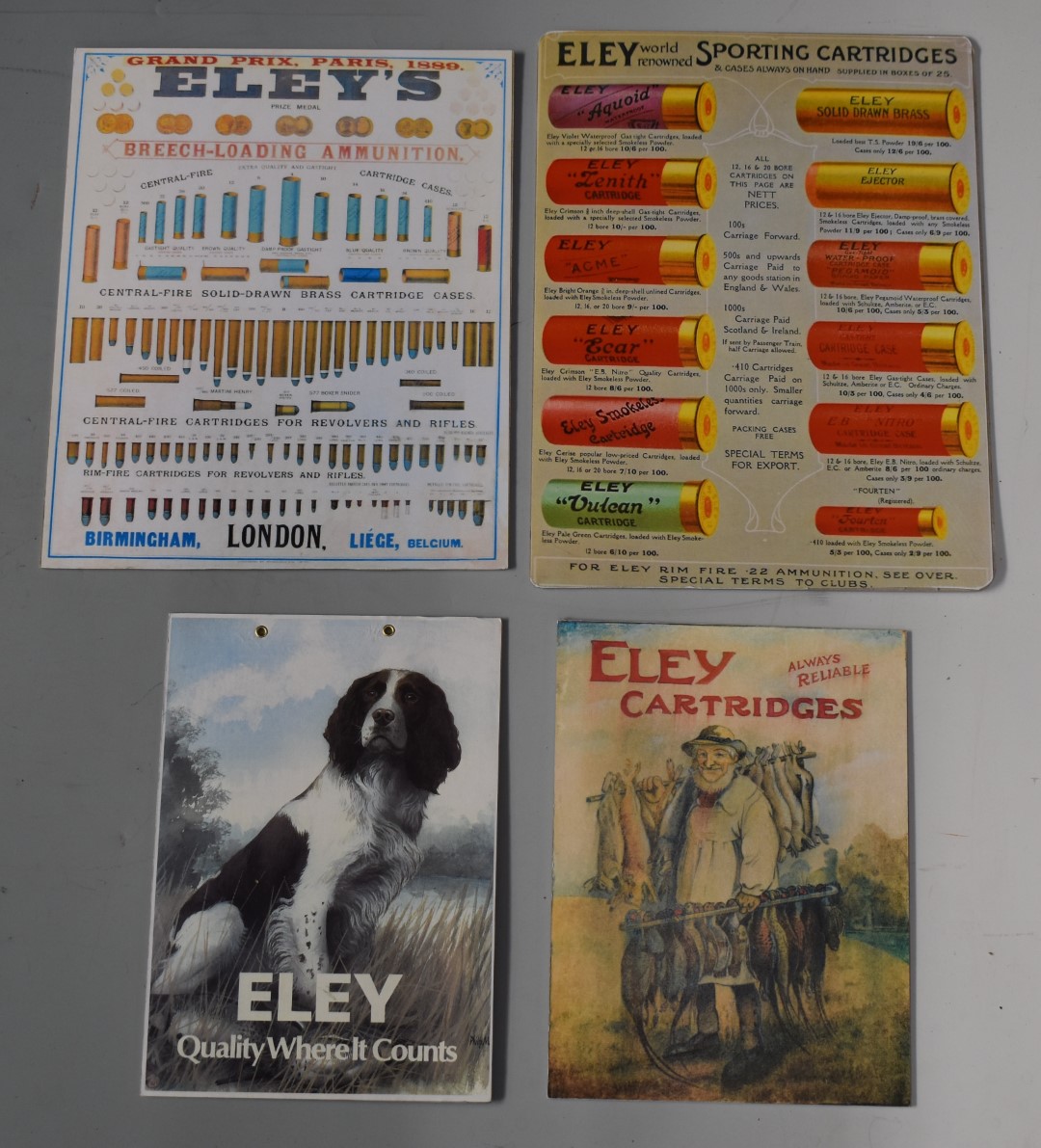 Four modern Eley shotgun cartridge shop display or advertising boards, Eley World Renowned