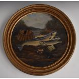 19thC circular oil on board of the day's catch of salmon beside a rod and creel, unsigned,