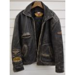 Vintage Harley Davidson leather motorcycle jacket with 'Mileage Club' and 'Glide' emblems, size L