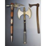 Three replica weapons including North American Frontier axe, Magnum double headed axe and a Viking