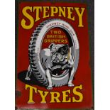 Stepney Tyres enamel car or motorcycle advertising sign depicting a bulldog astride a tyre to the