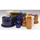 A collection of retro Portmeirion Totem pattern biscuit barrels, cheese domes, cruets, sifters etc