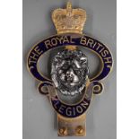 Royal British Legion vintage or classic car badge with blue enamel decoration, height 15.5cm