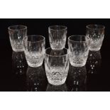 A set of six Waterford cut crystal drinking glasses, each 9cm tall.