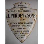 James Purdey & Sons enamel shield shaped shop display or advertising sign 'By Royal Appointment to