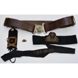 British Army brown leather belt with Dieu et Mon Droit to metal buckle, together with a Royal Navy