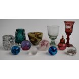 Twelve items of decorative glassware including a Victorian flash overlaid and cut German goblet,