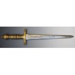 Continental short sword with brass grip and crosspiece, the 31cm blade marked Toledo Spain. PLEASE