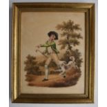 19thC watercolour boy running with a dog in a rural landscape with church and village beside a