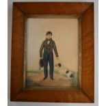 19thC naive watercolour portrait of a man holding a hat, with dog beside him, 23 x 17cm, in period