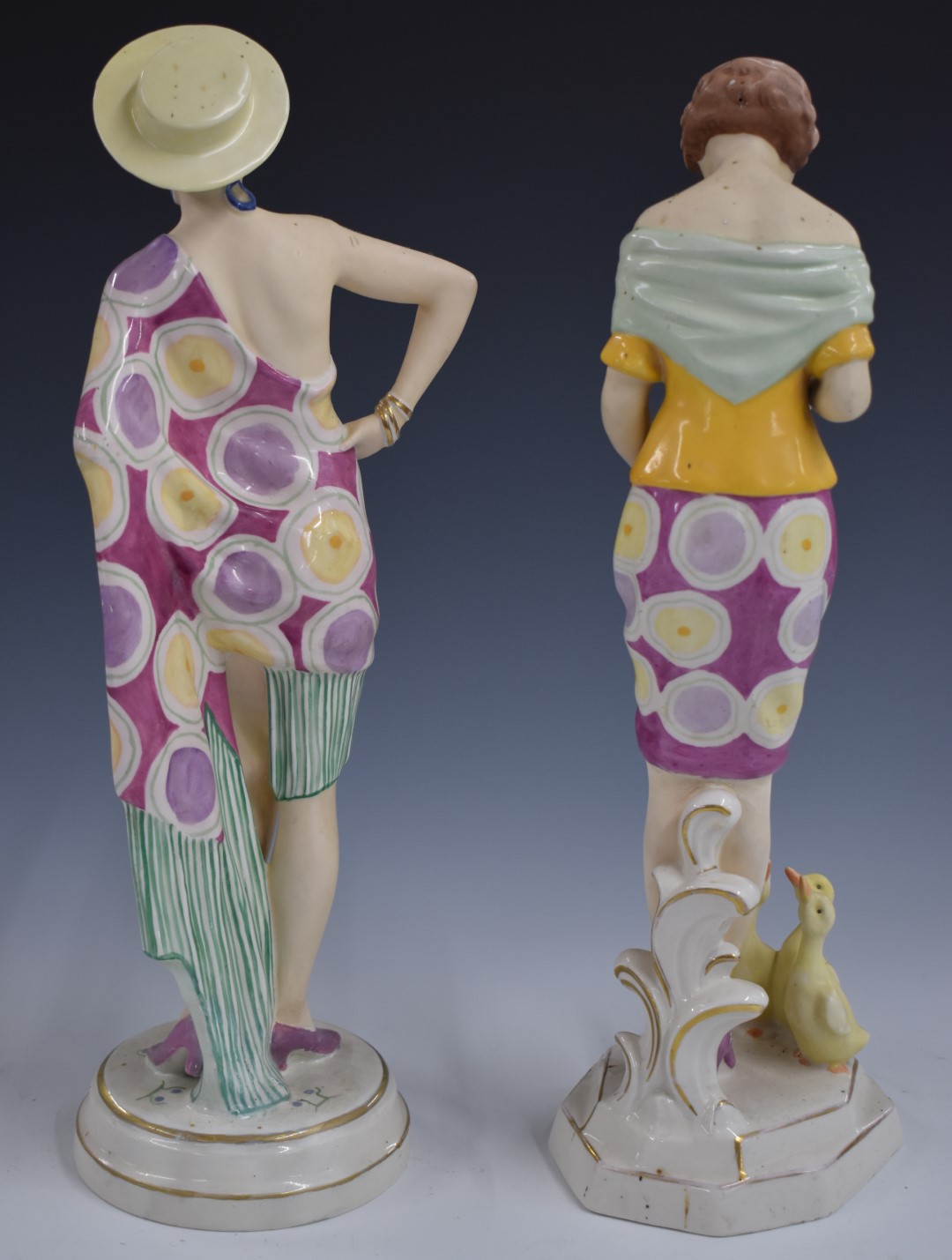 Pair of Royal Dux figurines in flamboyant dress, one in Art Deco style, one feeding ducklings, - Image 2 of 4