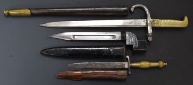 Three bayonets / knives comprising British Number 9 Mk 1 with 20cm fullered blade and scabbard and a