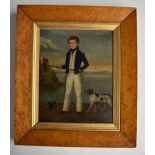 19thC oil on panel portrait of a man with dog, inscribed verso Robert Crawford with reference to