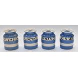 T G Green spice jars comprising Carroway, Ginger, Cinnamon and Nutmegs, H10cm