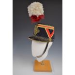 French Parisian fireman's parade hat with brass badge, white over red plume, chin strap and liner