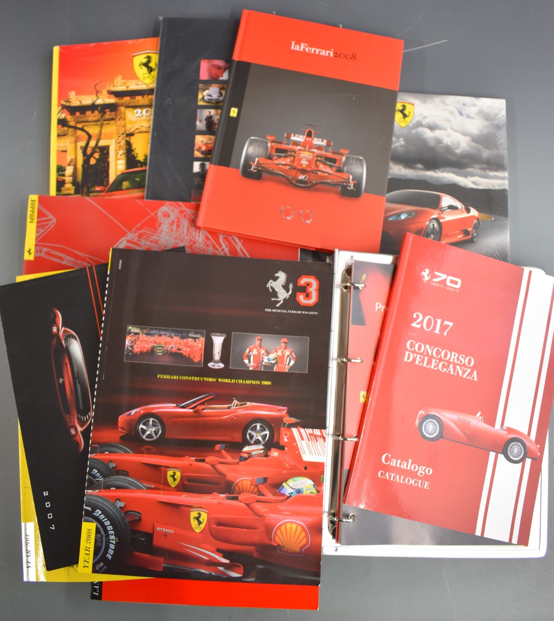 Ferrari car brochures, official magazines and yearbooks to include 458 Italia, 430 Scuderia, 355