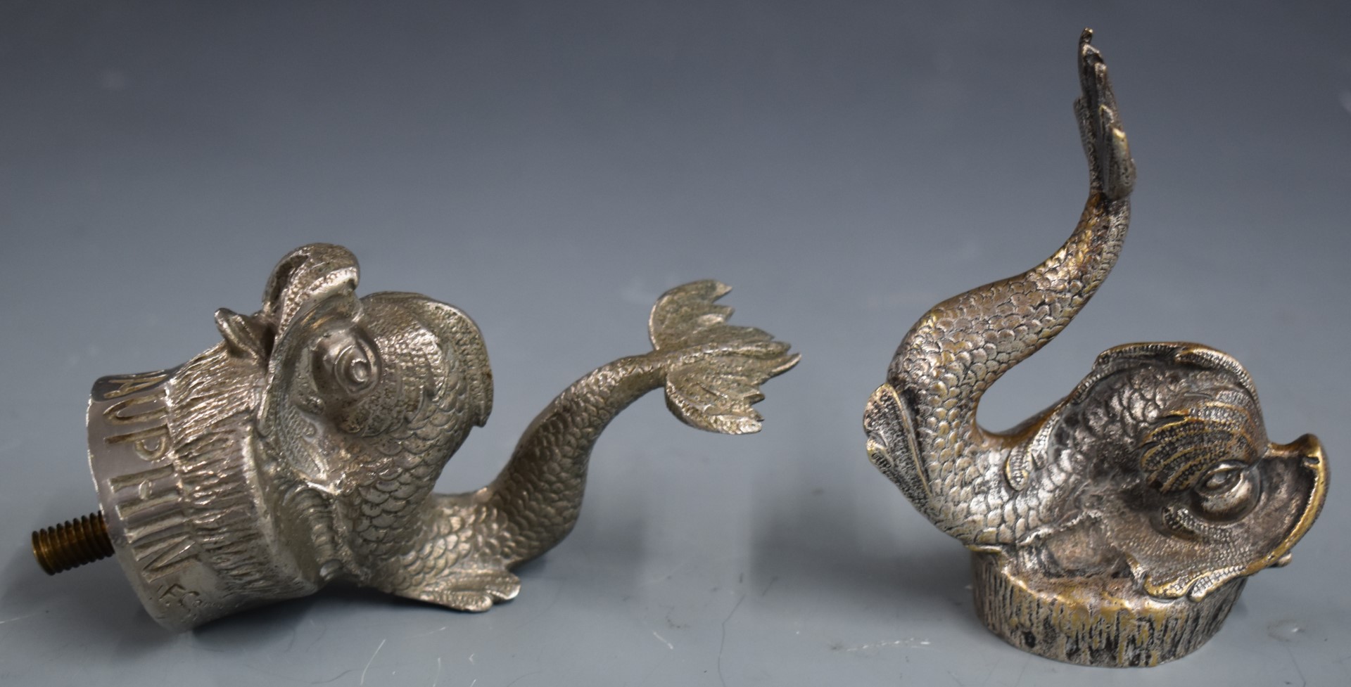 Two vintage car mascots formed as fish, one marked to base Le Dauphin, height of taller 13cm - Image 2 of 4