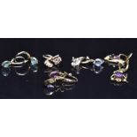 Five pairs of 9ct gold earrings set with amethyst, topaz and cubic zirconia, 10.6g