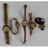 Five various ladies wristwatches comprising two 18ct gold and three 9ct gold, one on 9ct gold