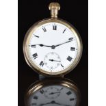 Unnamed gold plated keyless winding open faced pocket watch with subsidiary seconds dial, blued