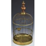 Vintage brass bird cage with turned wooden finial, feeders and hanging perch, H60, diameter 31cm