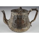 Victorian hallmarked silver teapot of faceted design with engraved decoration, London 1856, maker