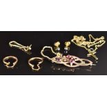 Two pairs of 9ct gold earrings (2.7g), yellow metal earrings, 18ct gold chain and crucifix (2.8g)