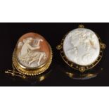 A 9ct gold brooch set with a cameo depicting a lady playing the harp and a Victorian brooch set with