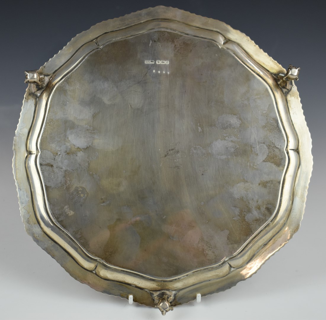 Edward VII hallmarked silver salver with gadrooned edge, raised on three ball and claw feet, - Image 2 of 3