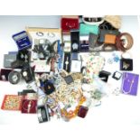 A collection of jewellery including watches, Swatch, agate necklace, vintage beads, brooches, etc