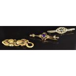 Two Edwardian 9ct gold brooches set with an amethyst and seed pearls (4.8g) and a section of an