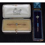 A 9ct gold brooch set with a zircon and a Victorian stick pin set with a pearl and turquoise, 3g