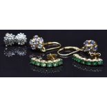 Three pairs of 9ct gold earrings set with emeralds, tanzanites and diamonds, 6g