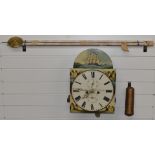19thC Andrew Mackie Fraserburgh long case clock movement, dial, weight and pendulum, the painted