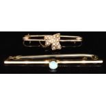 Edwardian 9ct gold ivy brooch set with seed pearls and a 9ct gold brooch set with a turquoise