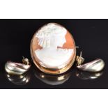 A 9ct gold brooch set with a cameo and 9ct gold earrings, 0.75g