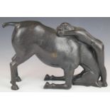 Ian Bridges bronze kneeling horse with female nude 'The Companion', signed to leg, H20 x L34cm