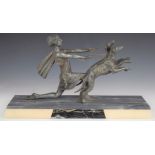 Art Deco style classical figure with a pair of hunting dogs, on marble plinth, L47 x H26cm