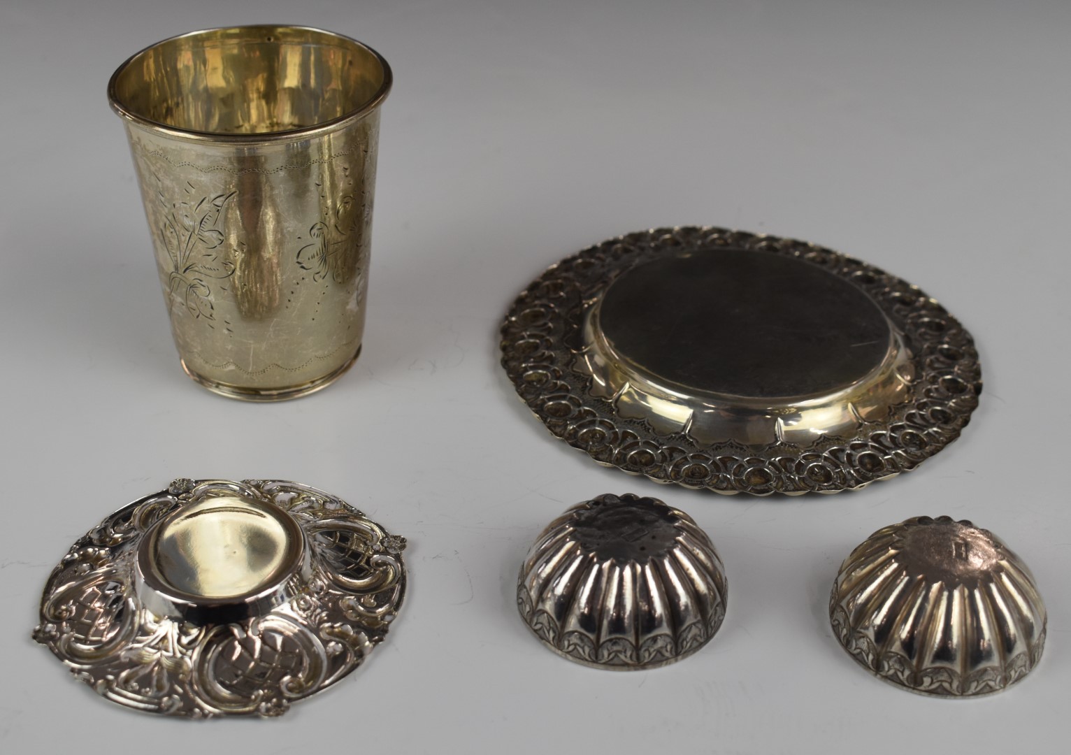 Turkish white metal beaker, height 8cm, pair of Middle Eastern white metal open salts and two - Image 2 of 4