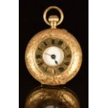 Unnamed 18ct gold keyless winding half hunter pocket watch with blued hands, Roman numerals, white