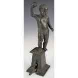 Victorian bronze cherub on tapering square support, formerly part of a gas lamp or table lighter,