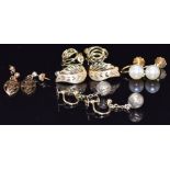 Five pairs of 9ct gold earrings including one pair set with pearls, 9.5g