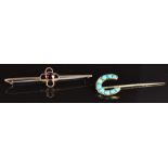 Edwardian 18ct gold stick pin set with turquoise cabochons (1.9g) and a 9ct gold brooch set with a